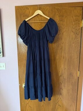 Women's Navy Puff-Sleeve Tiered Maxi Dress